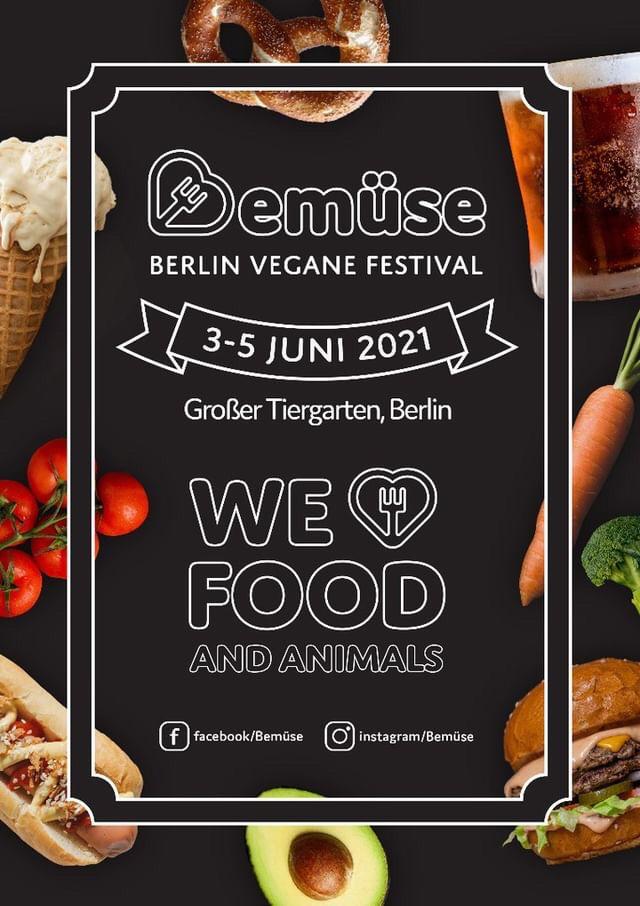Flyer design for Bemuse festival with different kinds of food on the sides, and the tagline 'We Love Food and Animals'