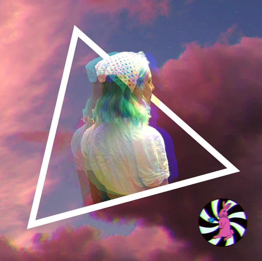 Girl wearing crochet bandana floating in sky inside a triangle.