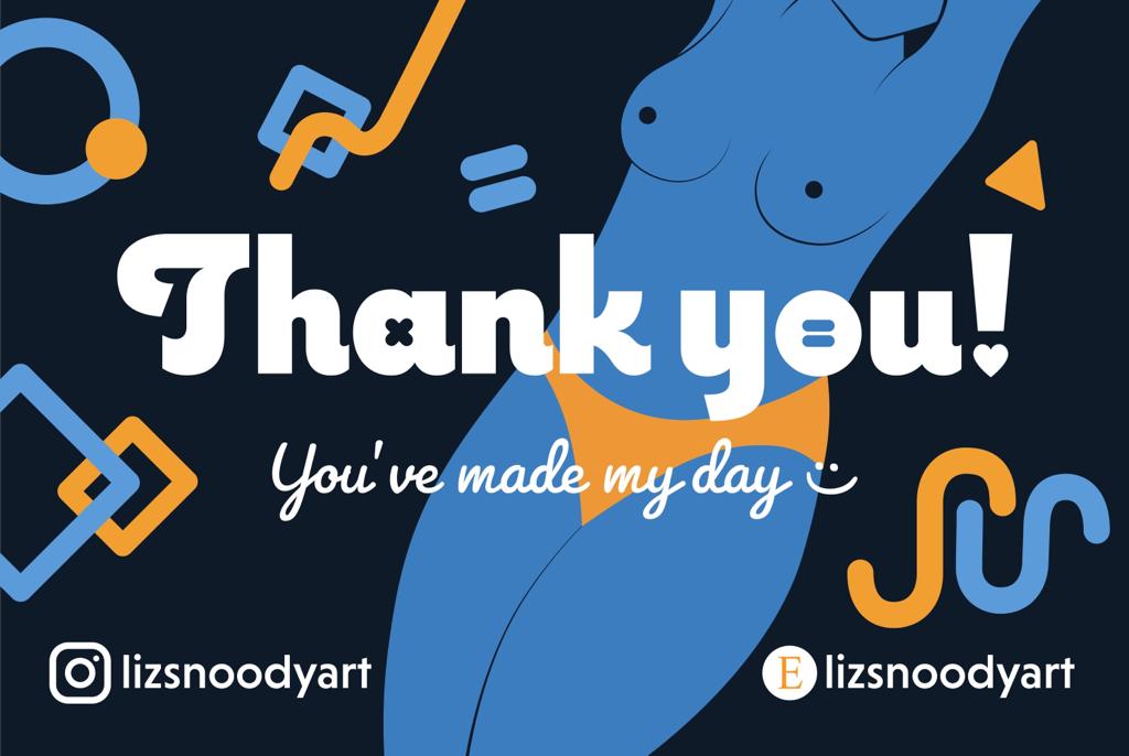 Business card for Lizsnodyart, featuring a big Thank You message and a topless blue woman body.